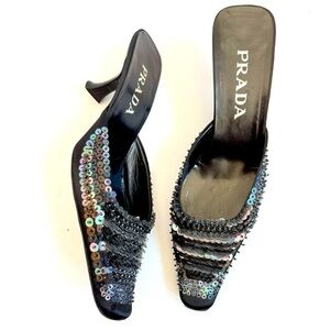Prada Vintage Black Satin Leather Sequin Embellished slip on mule pumps EU 39.5